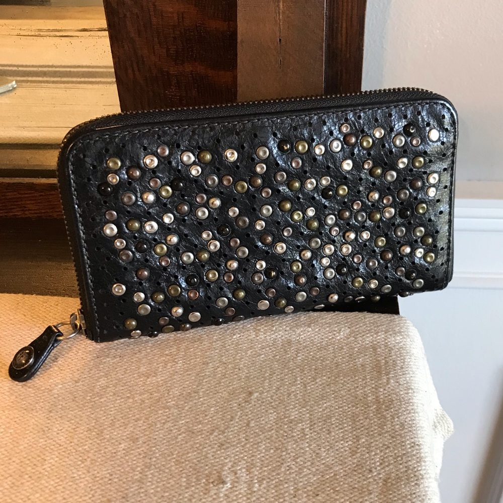 Frye Black Studded Zip Around Leather Wallet